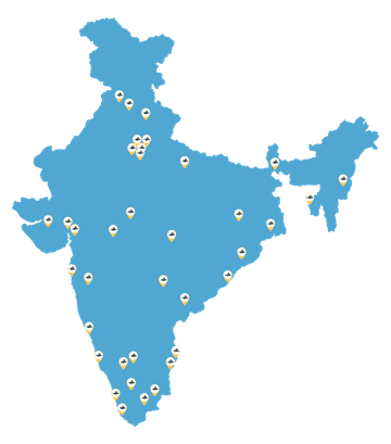 Map of India with pins on cities where GoFloaters lists spaces